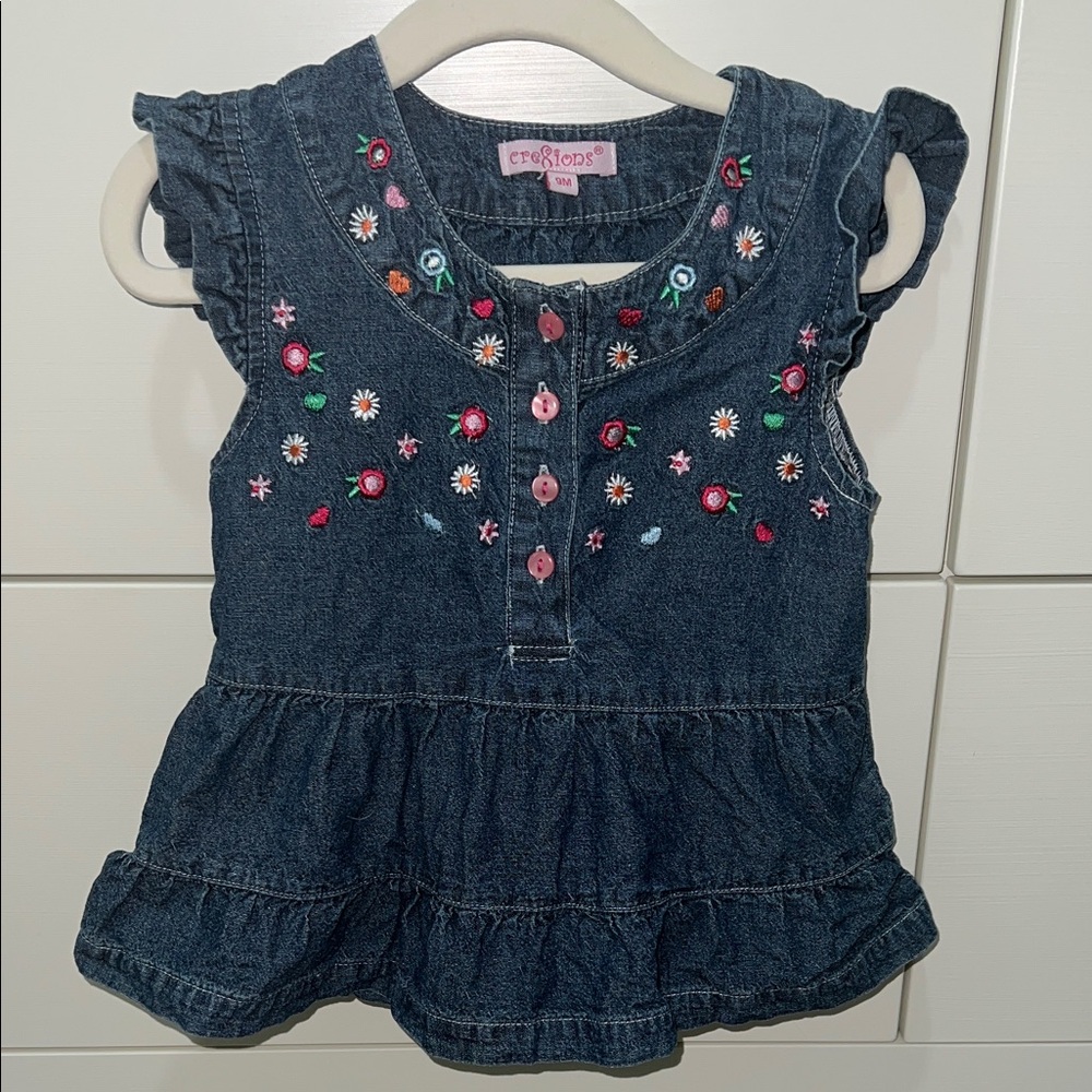VINTAGE Y2K Cre8ions Denim Ruffle Dress with Flower Embroidery and Pink Buttons